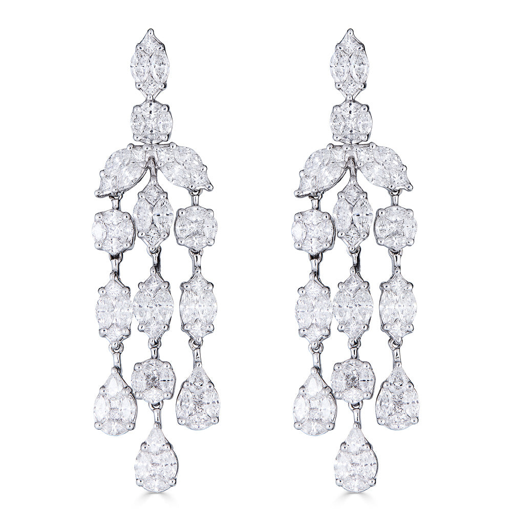 White Gold Chandelier Earrings with Fancy Cut Diamonds Illusion Set
