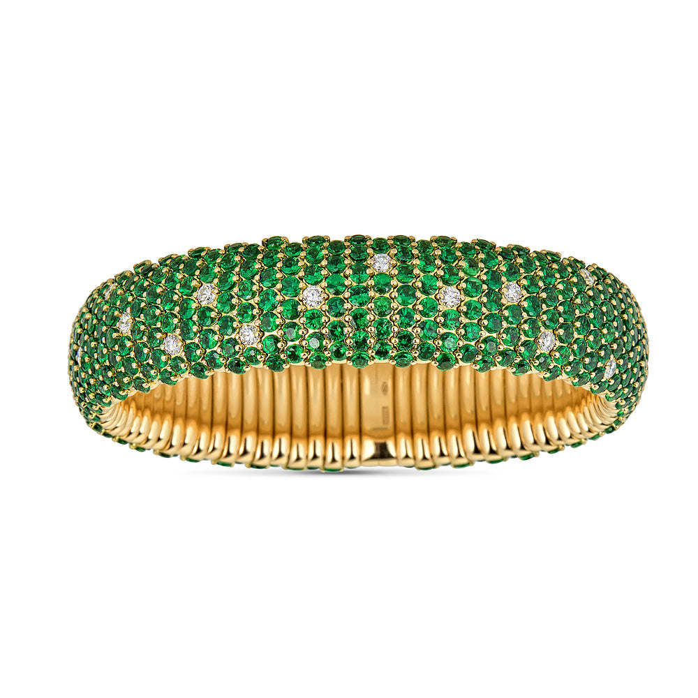 Yellow Gold Stretch Bracelet with Diamonds and Tzavorites