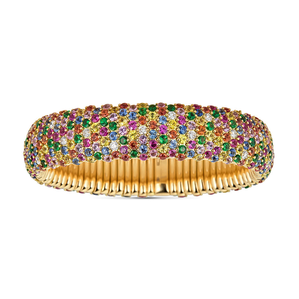 Yellow Gold Stretch Bracelet with Diamonds, Multicolored Sapphires, and Tsavorites