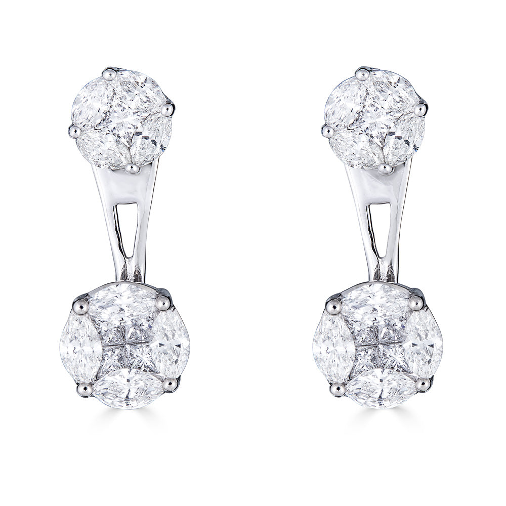 White Gold Stud Earrings with Marquise and Princess Cut Diamonds Illusion Set