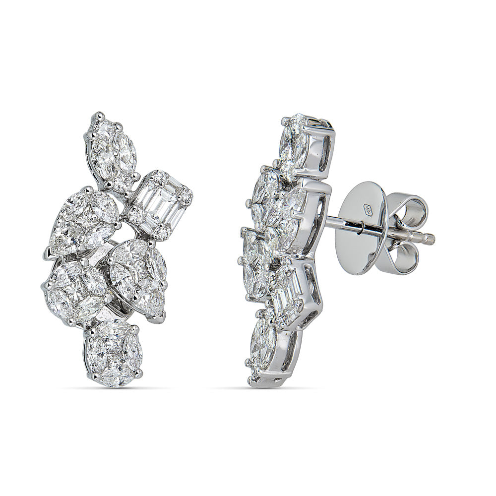 White Gold Stud Earrings with Round and Fancy Cut Diamonds Illusion Set