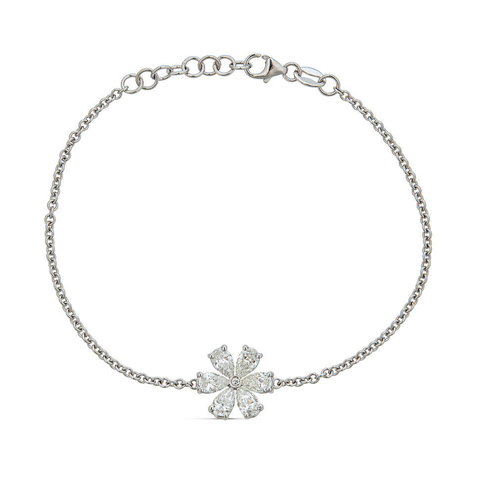 White Gold Floral Bracelet with Round and Pear Shape Diamonds
