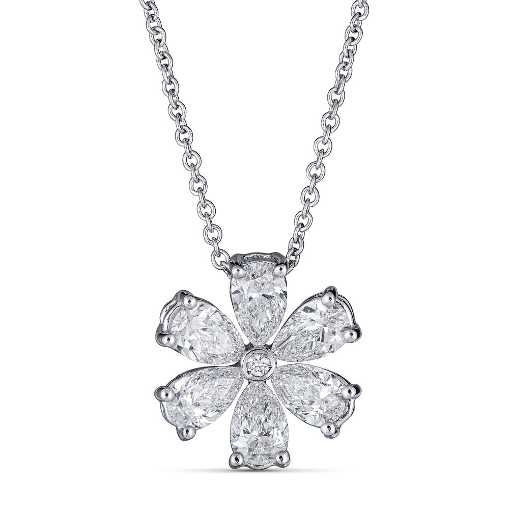 White Gold Flower Pendant with Round and Pear Shape Diamonds