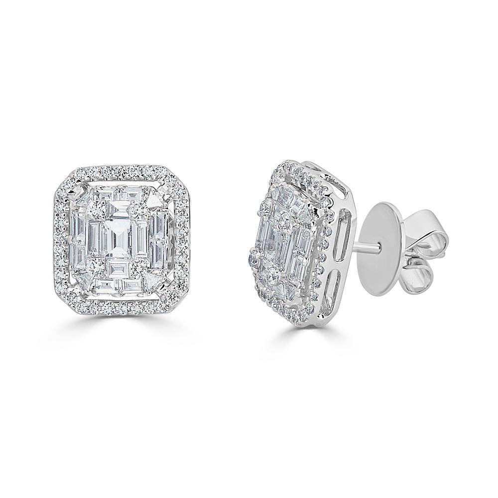 White Gold Octagonal Stud Earrings w/ Round and Emerald Cut Diamonds Illusion Set