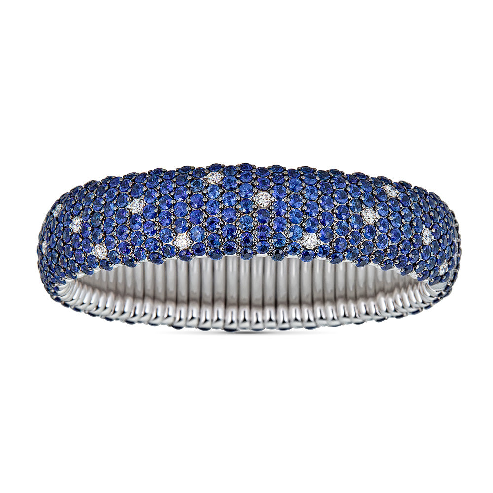 White Gold Stretch Bracelet with Diamonds and Blue Sapphires