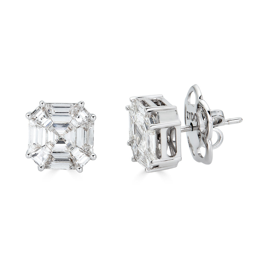 White Gold Octagonal Stud Earrings with Diamonds Illusion Set