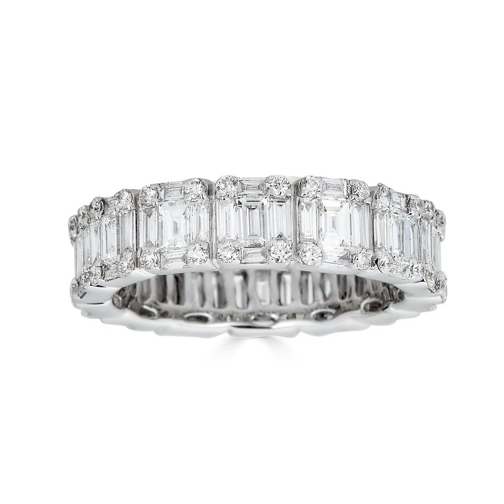 White Gold Eternity Ring with Round and Emerald Cut Diamonds Illusion Set
