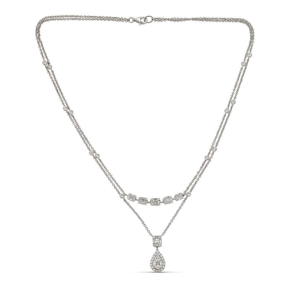 White Gold Double Chain Necklace with Round and Fancy Cut Diamonds Illusion Set