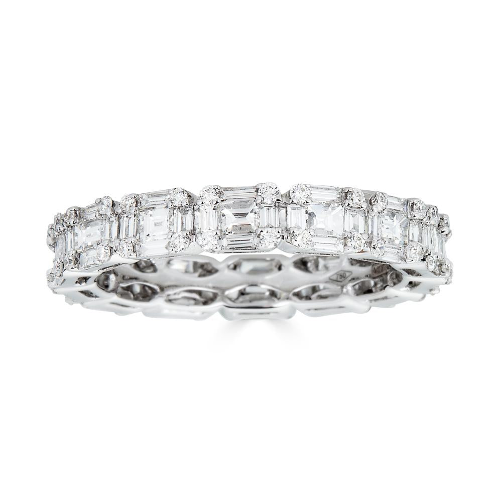 White Gold Eternity Ring with Round and Emerald Cut Diamonds Illusion Set