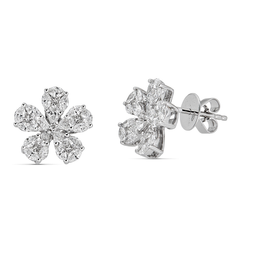 White Gold Flower Stud Earrings with Round and Fancy Cut Diamonds Illusion Set