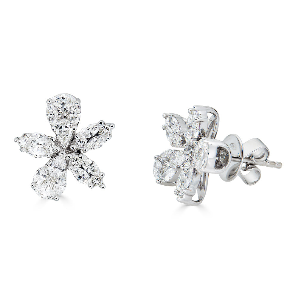 White Gold Flower Stud Earrings with Fancy Cut Diamonds Illusion Set
