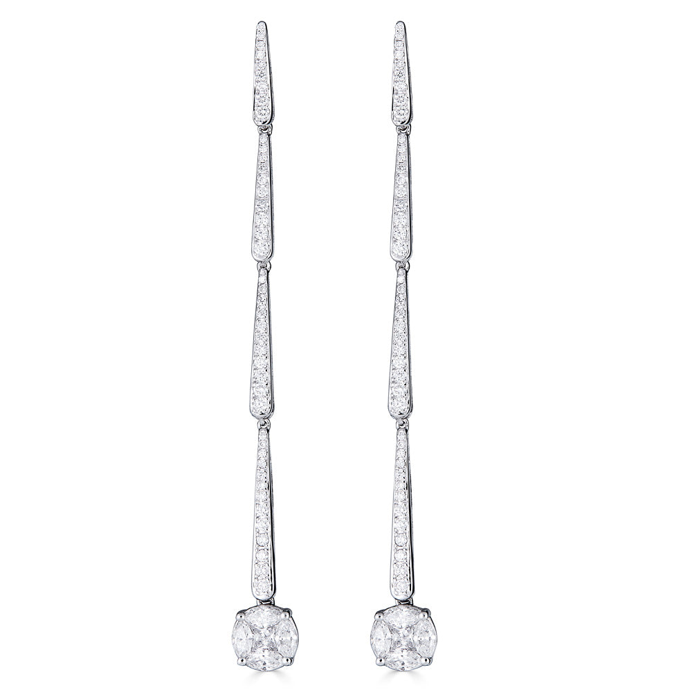 White Gold Drop Earrings with Round and Fancy Cut Diamonds Illusion Set