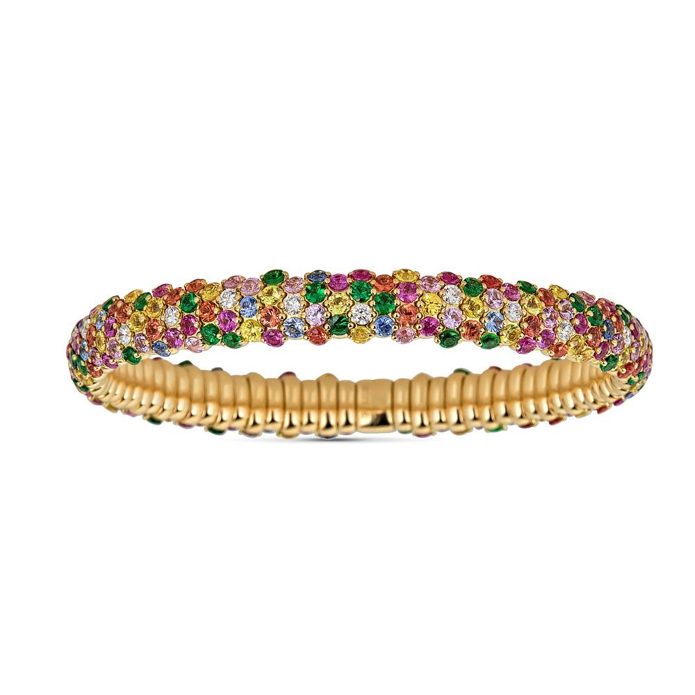 Yellow Gold Stretch Bracelet with Diamonds, Multicolored Sapphires, and Tsavorites