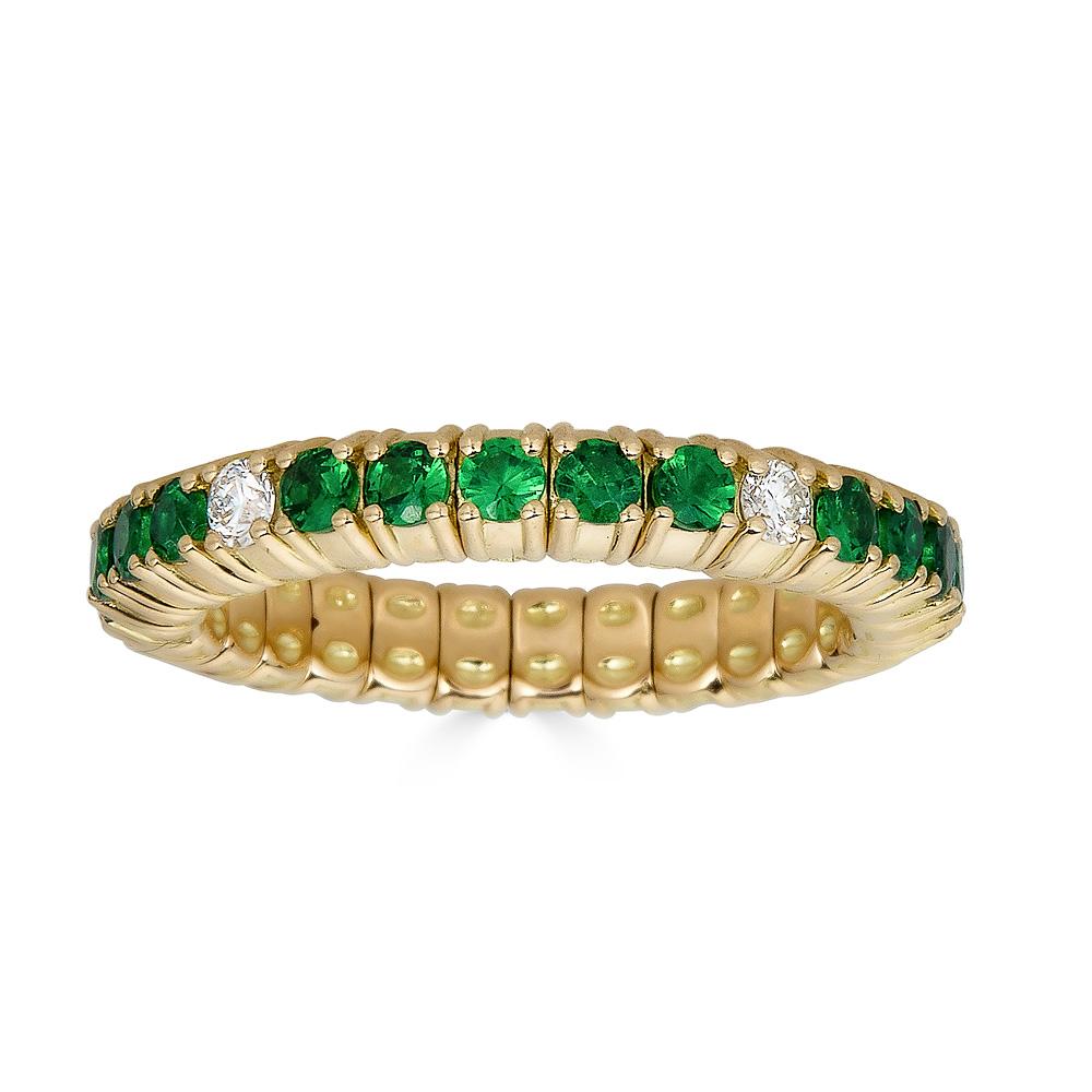 Yellow Gold Stretch Ring with Diamonds and Emeralds