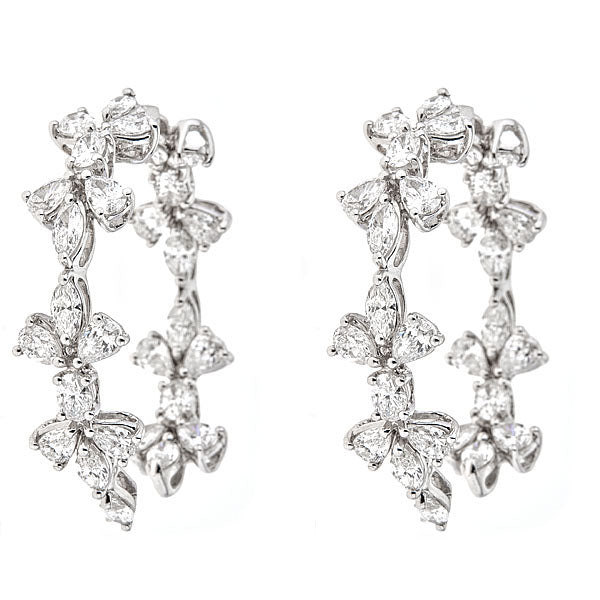 White Gold Floral Hoop Earrings with Fancy Cut Diamonds-0