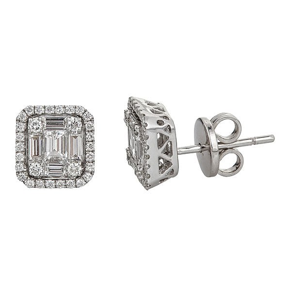 White Gold Octagonal Stud Earrings w/ Round and Emerald Cut Diamonds Illusion Set-0