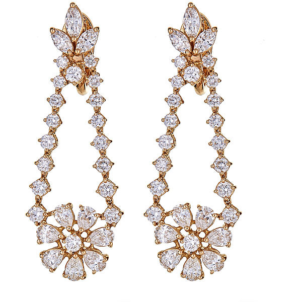Yellow Gold Flower Drop Earrings with Round and Fancy Cut Diamonds-0