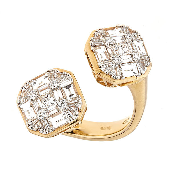 Yellow Gold Ring with Round and Emerald Cut Diamonds Illusion Set-0