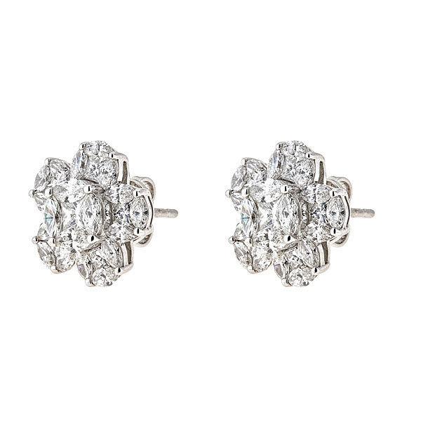 White Gold Flower Stud Earrings with Fancy Cut Diamonds Illusion Set-0