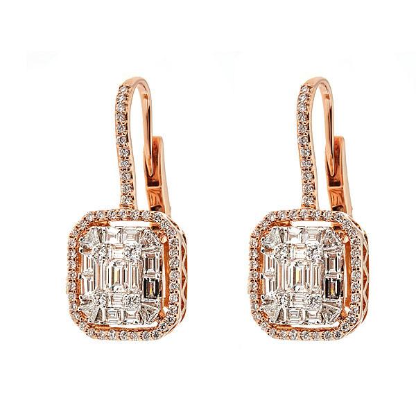 Rose Gold Octagonal Dangle Earrings w/ Round and Emerald Cut Diamonds Illusion Set-0