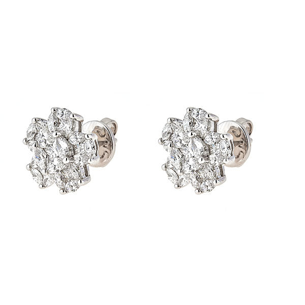 White Gold Flower Stud Earrings with Fancy Cut Diamonds Illusion Set-0
