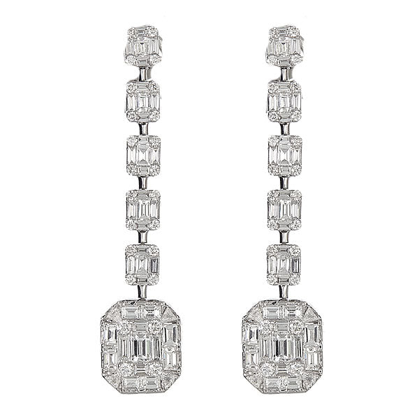 White Gold Drop Earrings with Round and Emerald Cut Diamonds-0