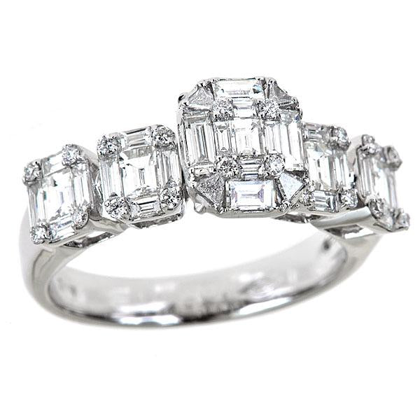 White Gold Ring with Round and Emerald Cut Diamonds Illusion Set-0