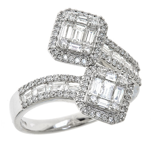 White Gold Bypass Ring with Round and Emerald Cut Diamonds Illusion Set-0