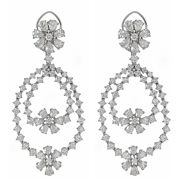 White Gold Floral Drop Earrings with Round and Pear Shape Diamonds-0